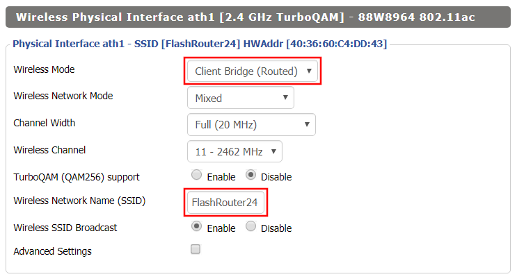 Wireless Client Bridge Setup on FlashRouter DD-WRT - Set Wireless Mode to Client Bridge