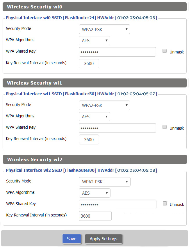 View RT-AC5300 DD-WRT FlashRouter WiFi Seucirty Settings