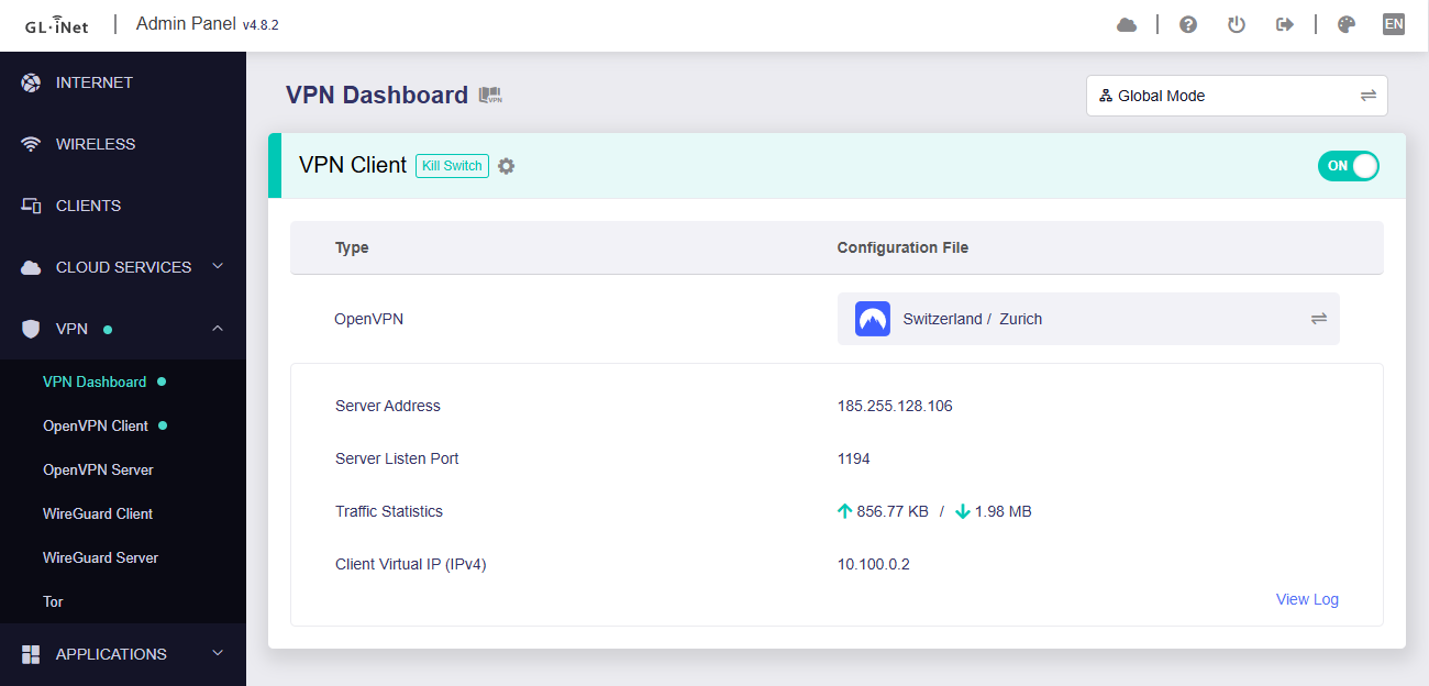 GLiNet-VPN-Dashboard-On GLiNet VPN Dashboard