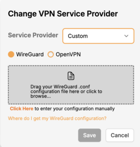 Privacy Hero Custom WireGuard configuration screen showing the configuration file upload