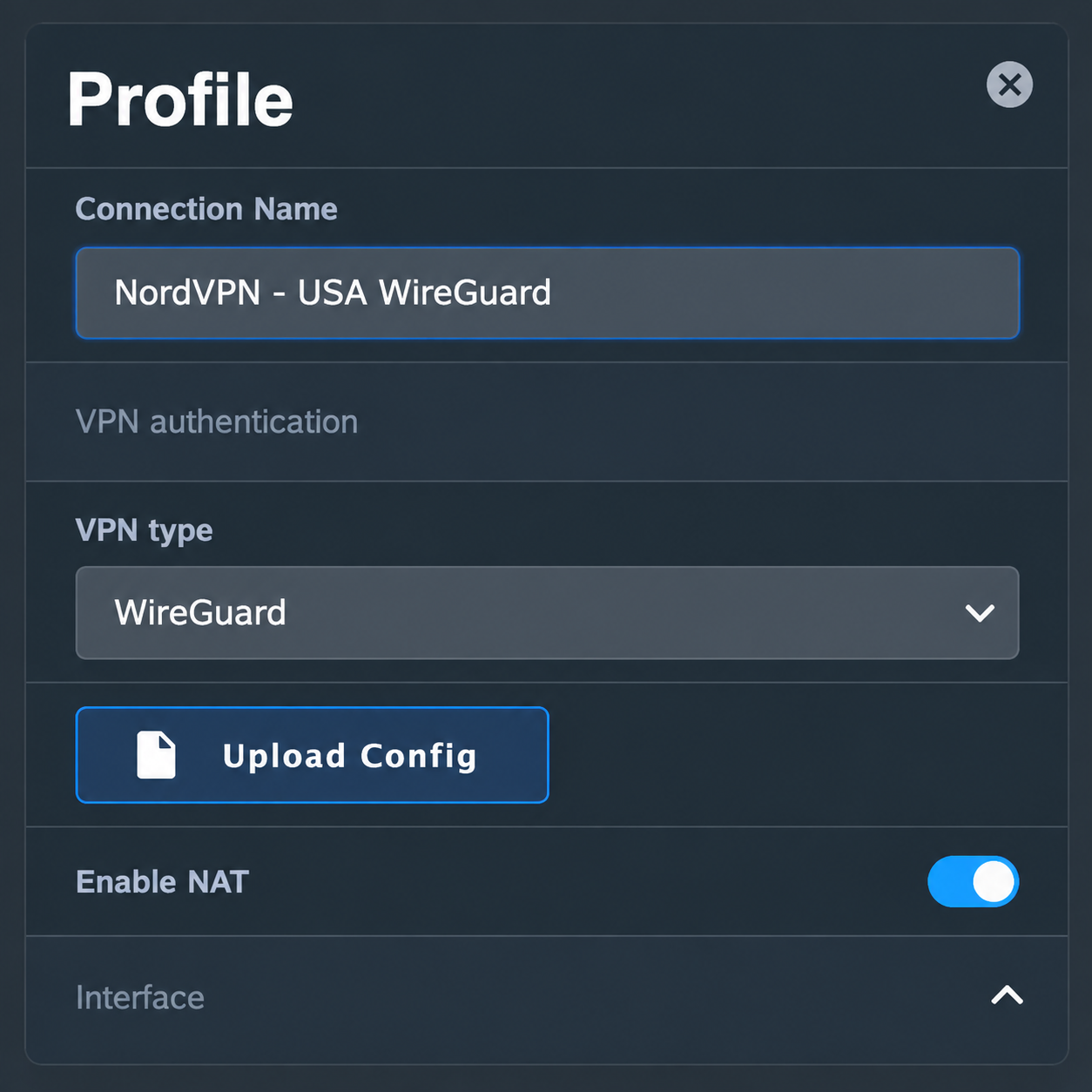 ASUS VPN Fusion WireGuard profile showing NordVPN USA connection name and Upload Config button