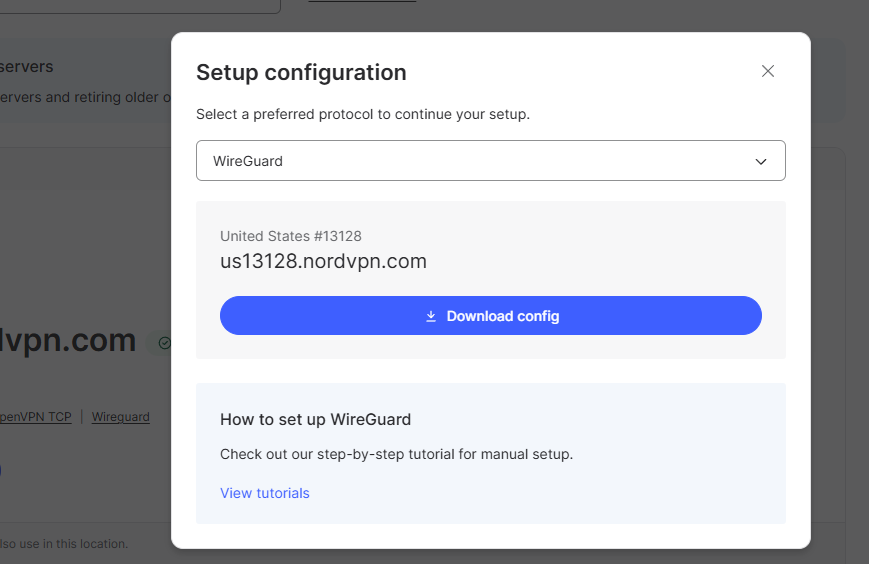 NordVPN server recommendation showing WireGuard protocol selected and Download config button